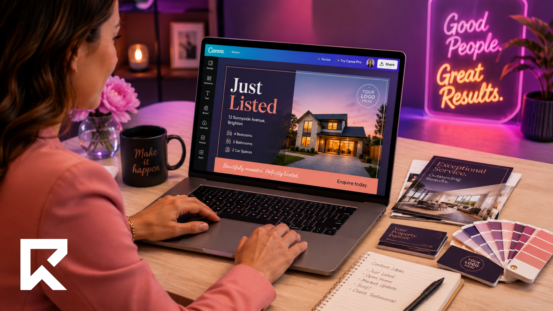 Smartphone displaying essential real estate business apps including ChatGPT, Canva, WhatsApp Business, Instagram, Facebook, Gmail and Google Drive beside a laptop and notebook.