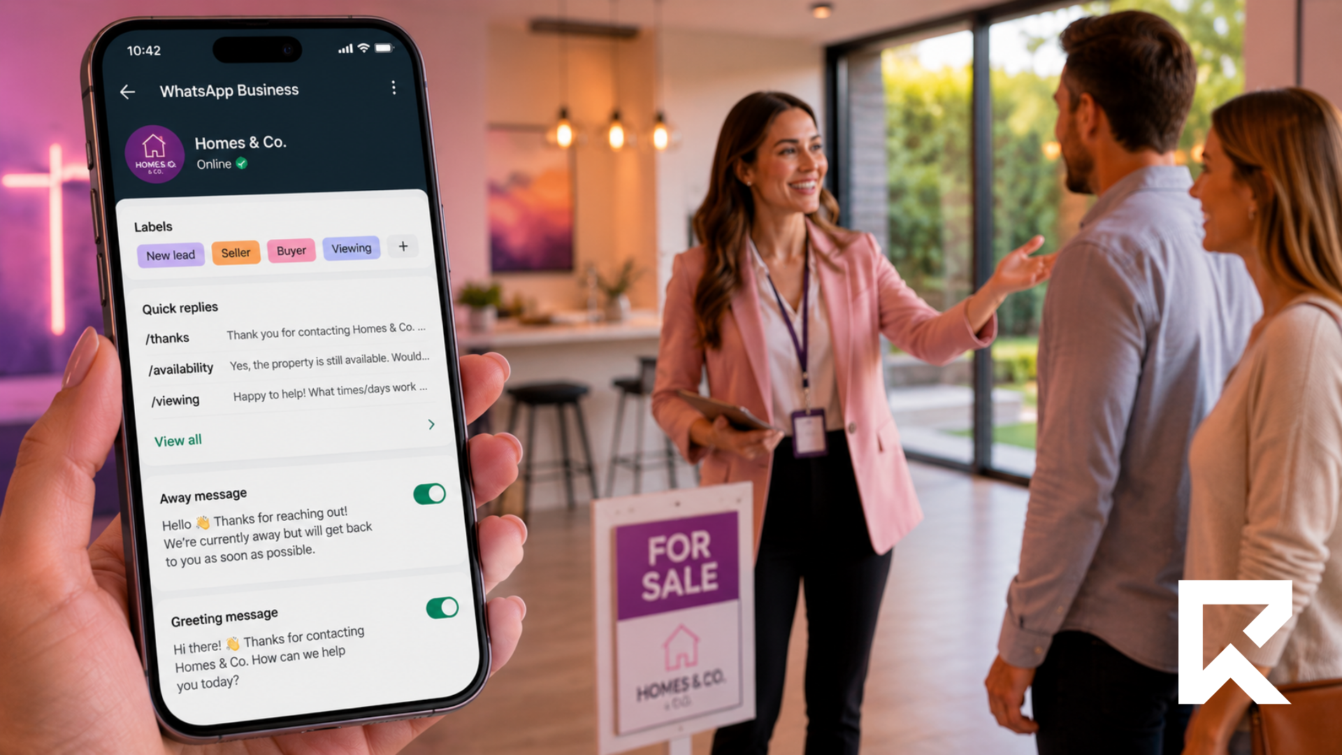 Estate agent using WhatsApp Business to manage buyer and seller communication while welcoming clients at a property viewing.