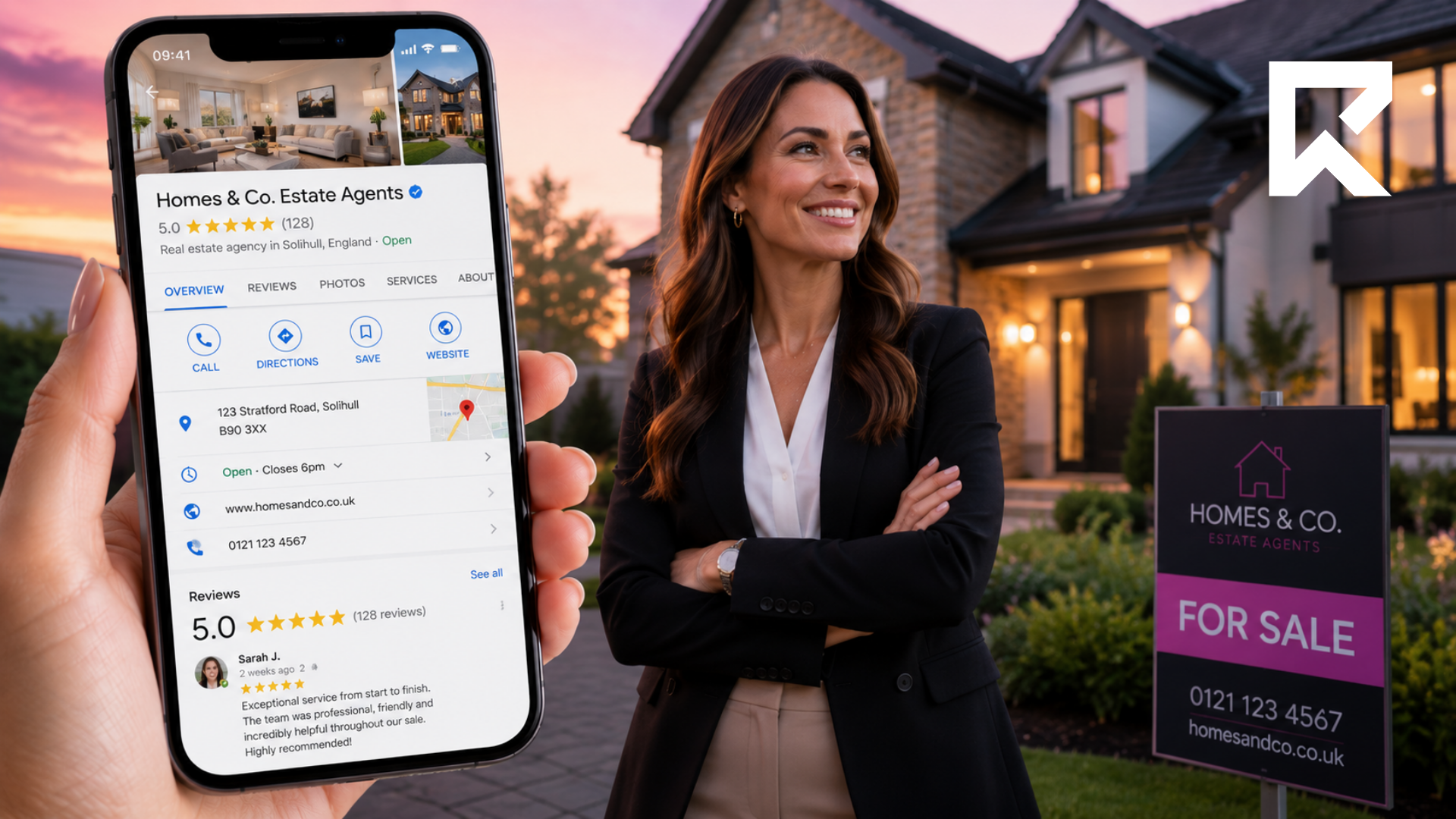 Estate agent standing outside a property with a Google Business Profile displayed on a smartphone, showcasing reviews and local business information.