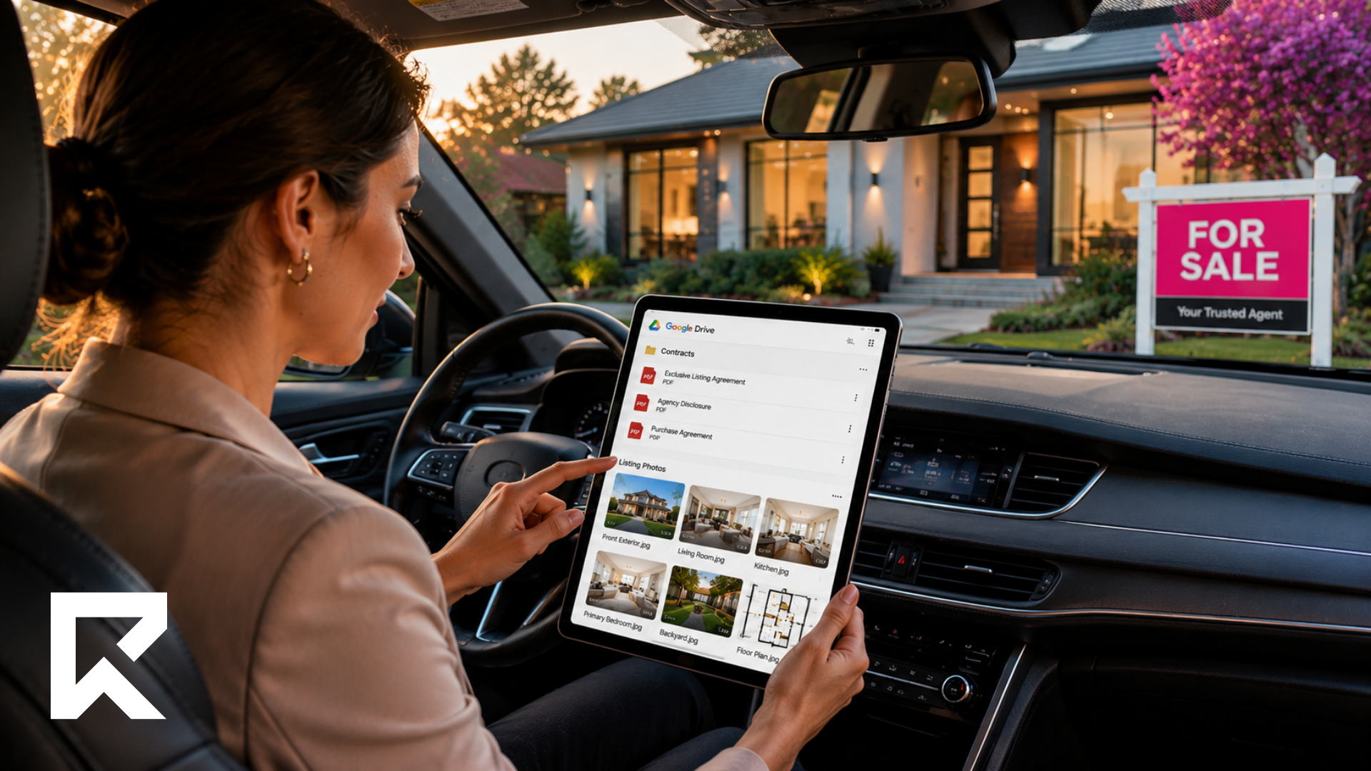 Estate agent in a car using Google Drive on a tablet to access listing documents, contracts, floor plans and property photos before an appointment.