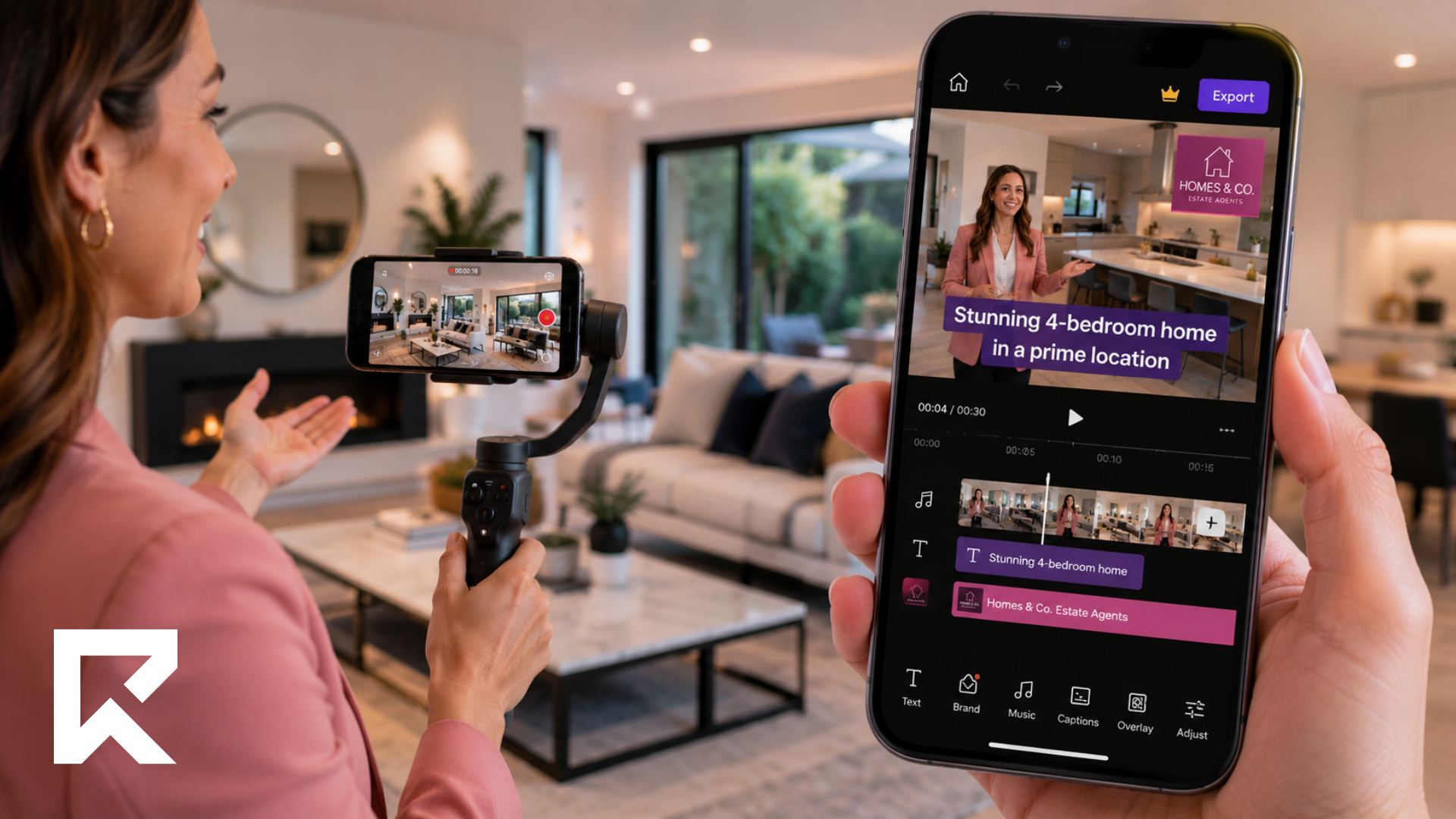 Estate agent recording a property walkthrough with a smartphone gimbal while editing a branded real estate video with captions on a mobile app.
