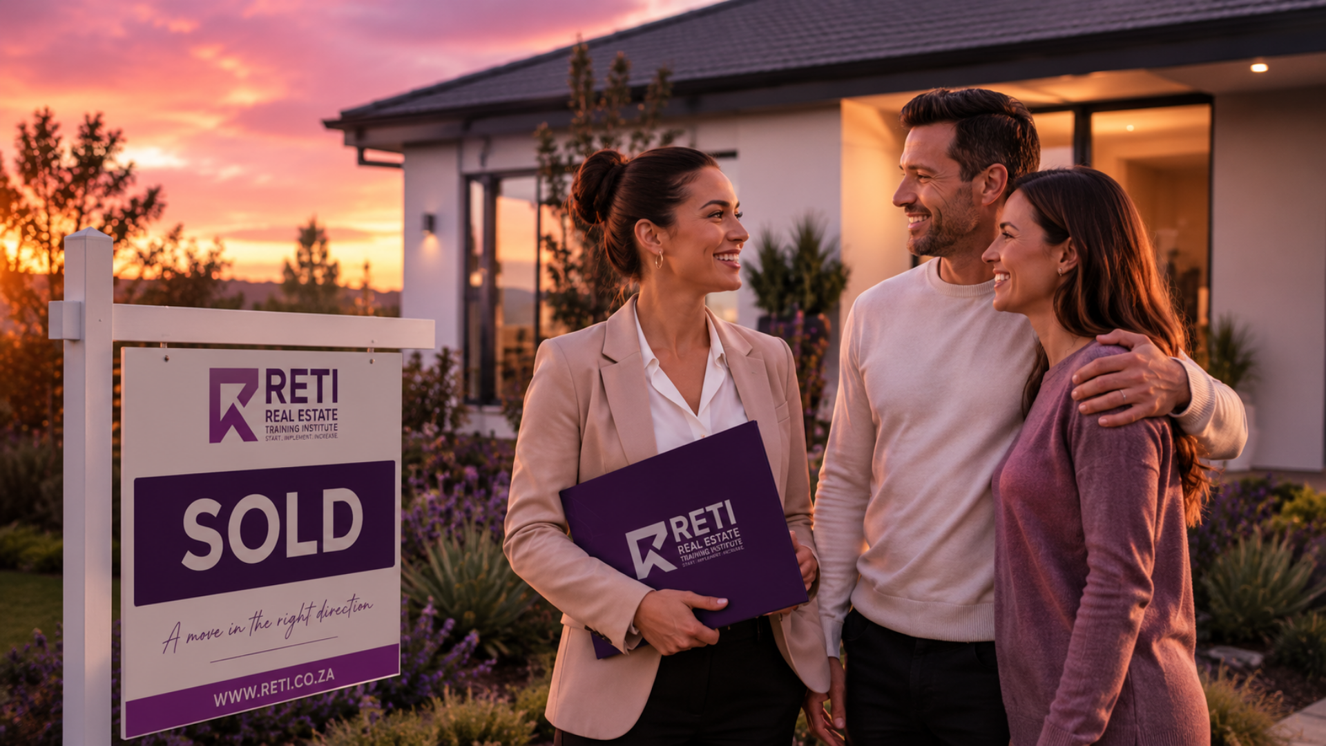 Smiling real estate agent celebrating a successful property sale with happy clients beside a RETI Sold board outside a modern home. Smiling real estate agent celebrating a successful property sale with happy clients beside a RETI Sold board outside a modern home.