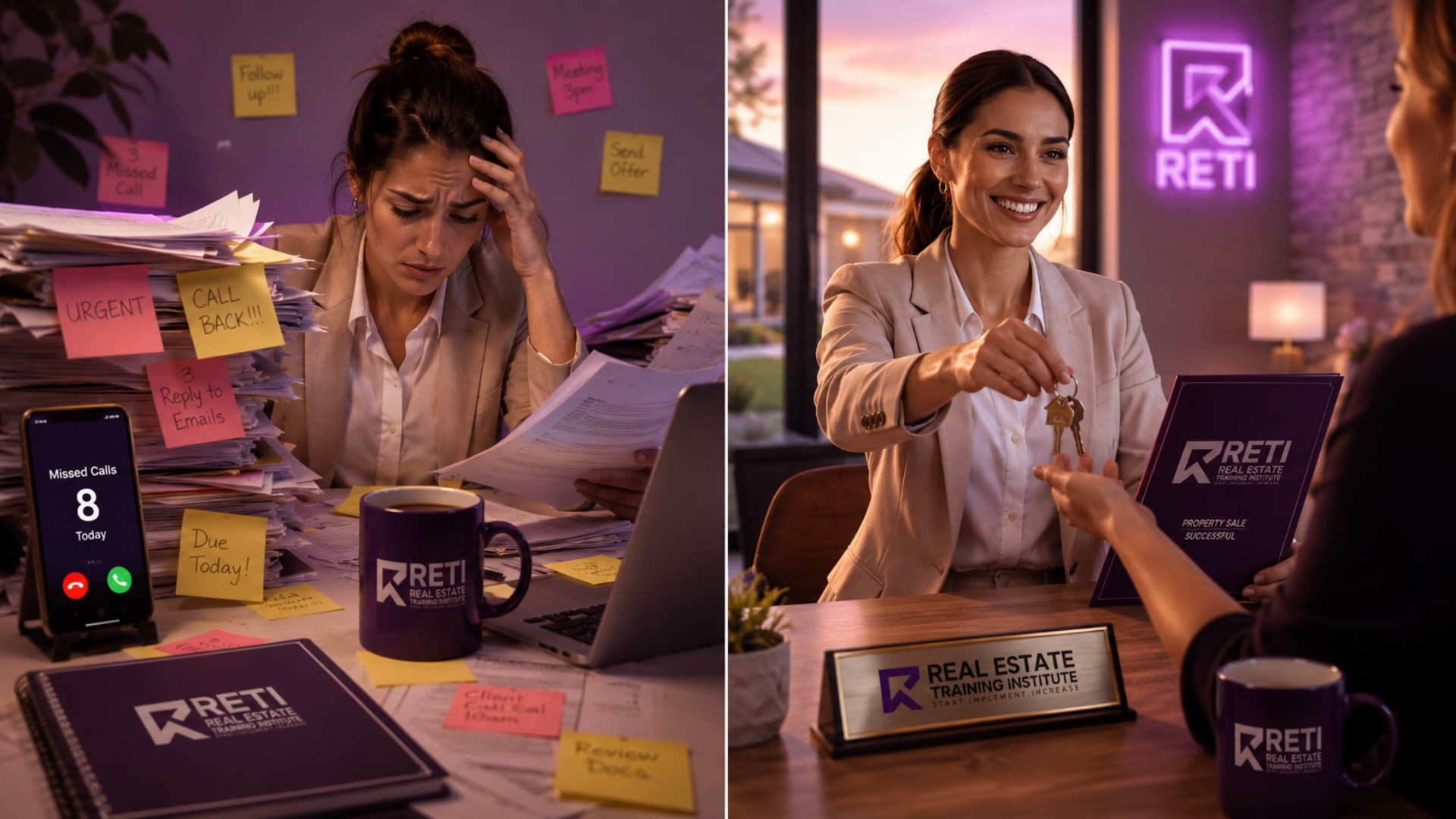 Before and after comparison of a real estate agent transforming from overwhelmed with paperwork to confidently serving clients through RETI real estate training. Before and after comparison of a real estate agent transforming from overwhelmed with paperwork to confidently serving clients through RETI real estate training.