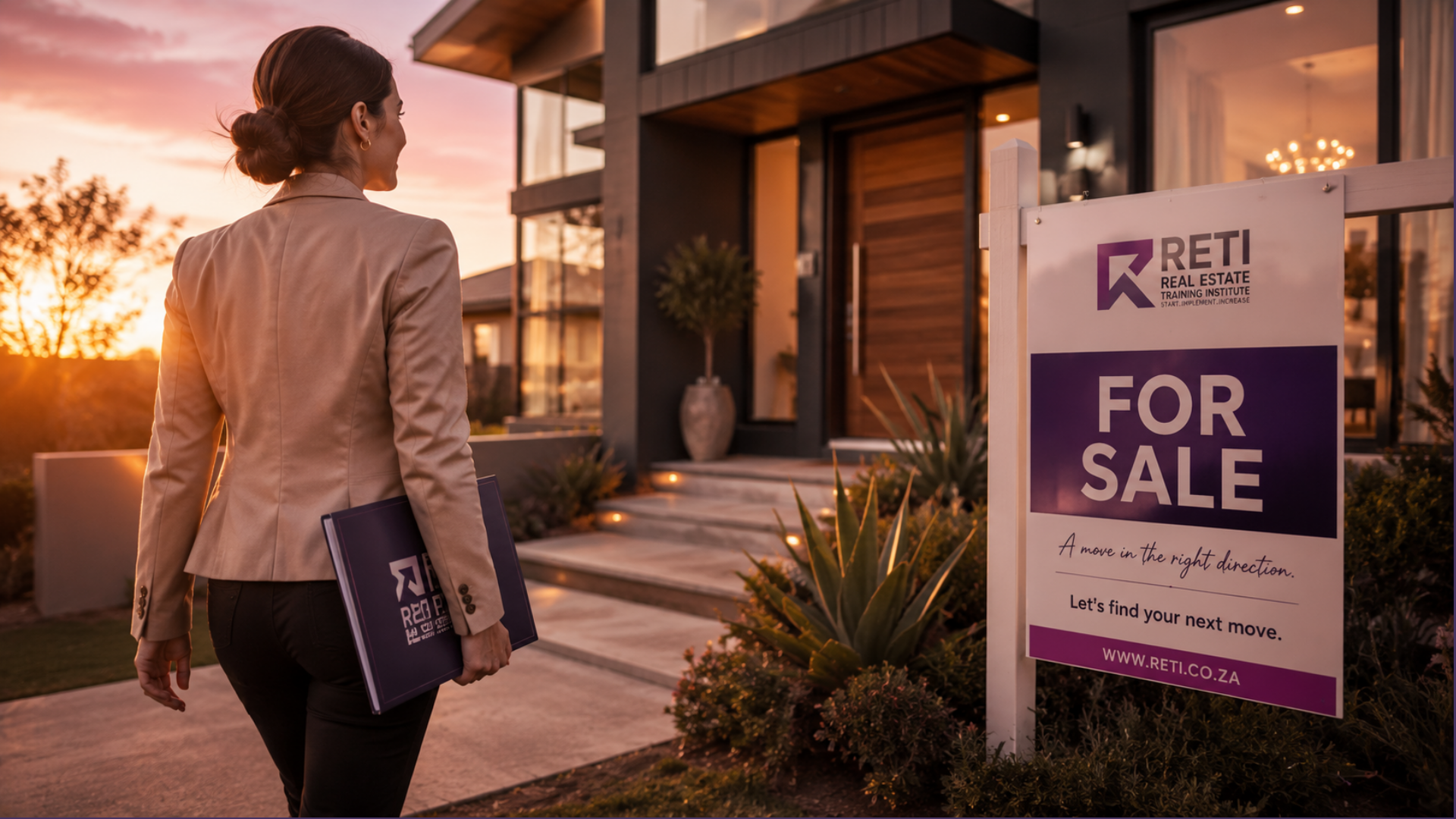 Professional real estate agent arriving at a modern home with a RETI seller presentation folder beside a branded For Sale board at sunset. Professional real estate agent arriving at a modern home with a RETI seller presentation folder beside a branded For Sale board at sunset.