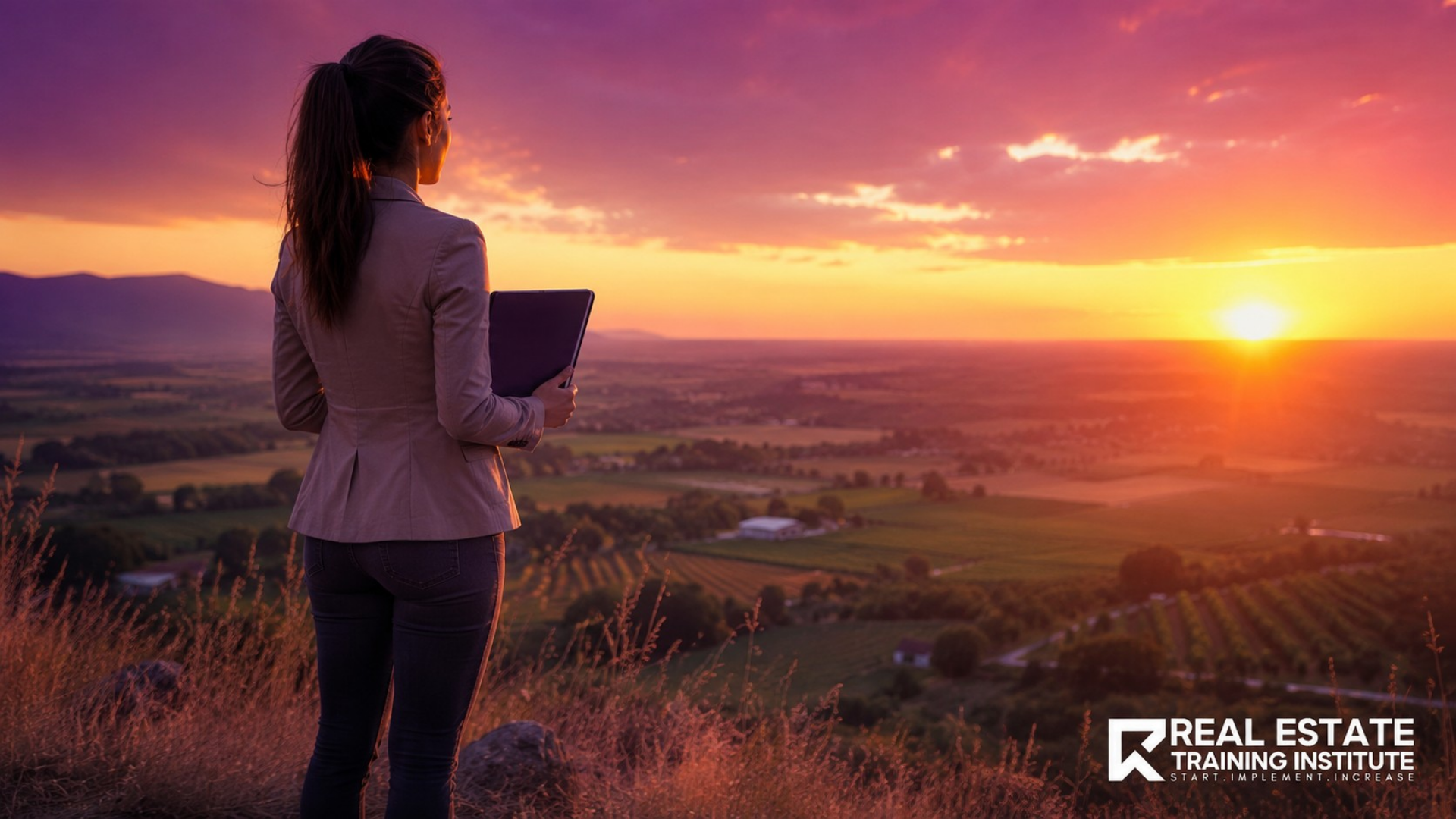 Real estate agent overlooking the landscape at sunrise while planning business growth and success with the Real Estate Training Institute (RETI). Real estate agent overlooking the landscape at sunrise while planning business growth and success with the Real Estate Training Institute (RETI).