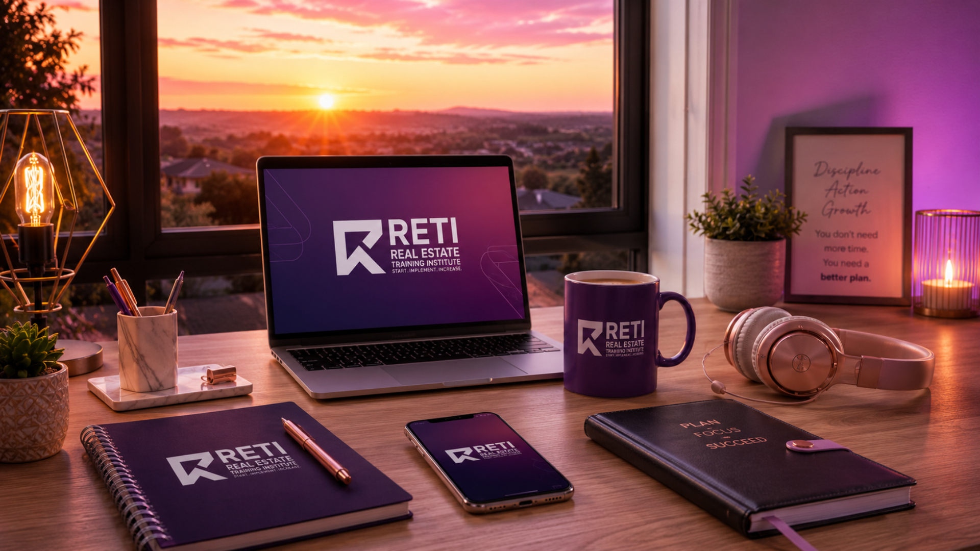 RETI-branded real estate agent workspace with laptop, notebook, smartphone and coffee overlooking a sunset, representing business planning and professional growth. RETI-branded real estate agent workspace with laptop, notebook, smartphone and coffee overlooking a sunset, representing business planning and professional growth.