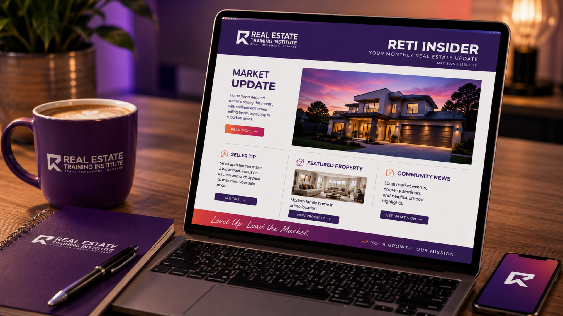 Laptop displaying a professionally designed RETI real estate newsletter featuring market updates, seller tips, featured property and community news. Laptop displaying a professionally designed RETI real estate newsletter featuring market updates, seller tips, featured property and community news.