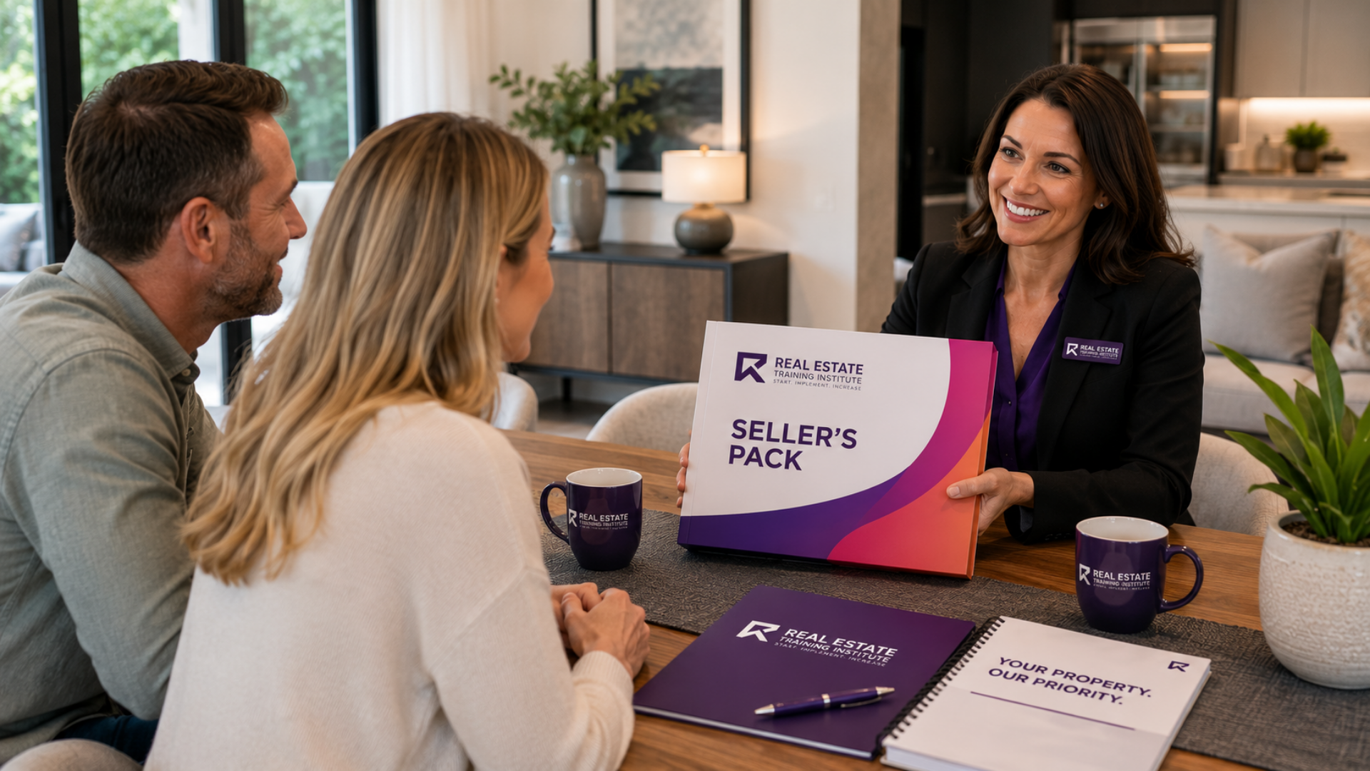 Professional South African real estate agent presenting a branded Seller's Pack to homeowners during a listing presentation to build trust and win the property mandate. Image 2 Professional South African real estate agent presenting a branded Seller's Pack to homeowners during a listing presentation to build trust and win the property mandate. Image 2