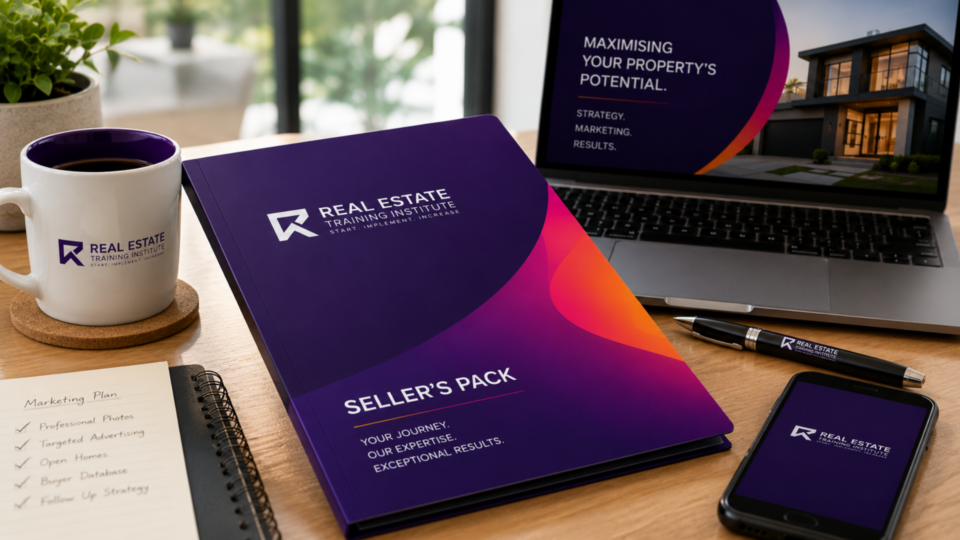 Close-up of a RETI Seller's Pack alongside a laptop, smartphone, coffee mug and marketing checklist, showcasing professional real estate listing presentation tools. Close-up of a RETI Seller's Pack alongside a laptop, smartphone, coffee mug and marketing checklist, showcasing professional real estate listing presentation tools.