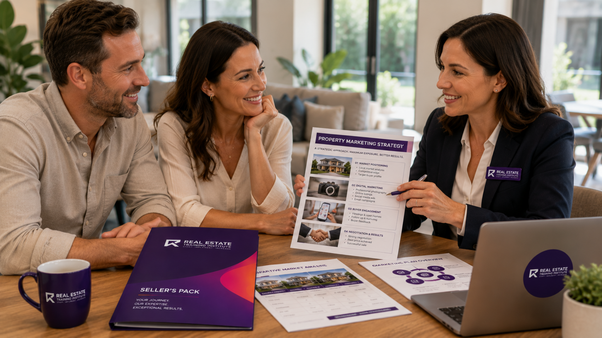 South African real estate agent explaining a property marketing strategy to homeowners using a professional Seller's Pack during a listing appointment. South African real estate agent explaining a property marketing strategy to homeowners using a professional Seller's Pack during a listing appointment.
