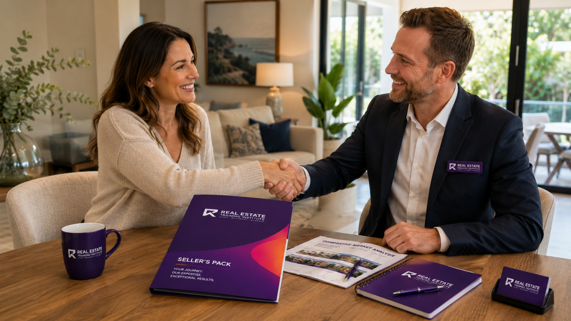 Real estate agent and homeowner shaking hands after a successful listing presentation using a professional Seller's Pack and comparative market analysis. Real estate agent and homeowner shaking hands after a successful listing presentation using a professional Seller's Pack and comparative market analysis.
