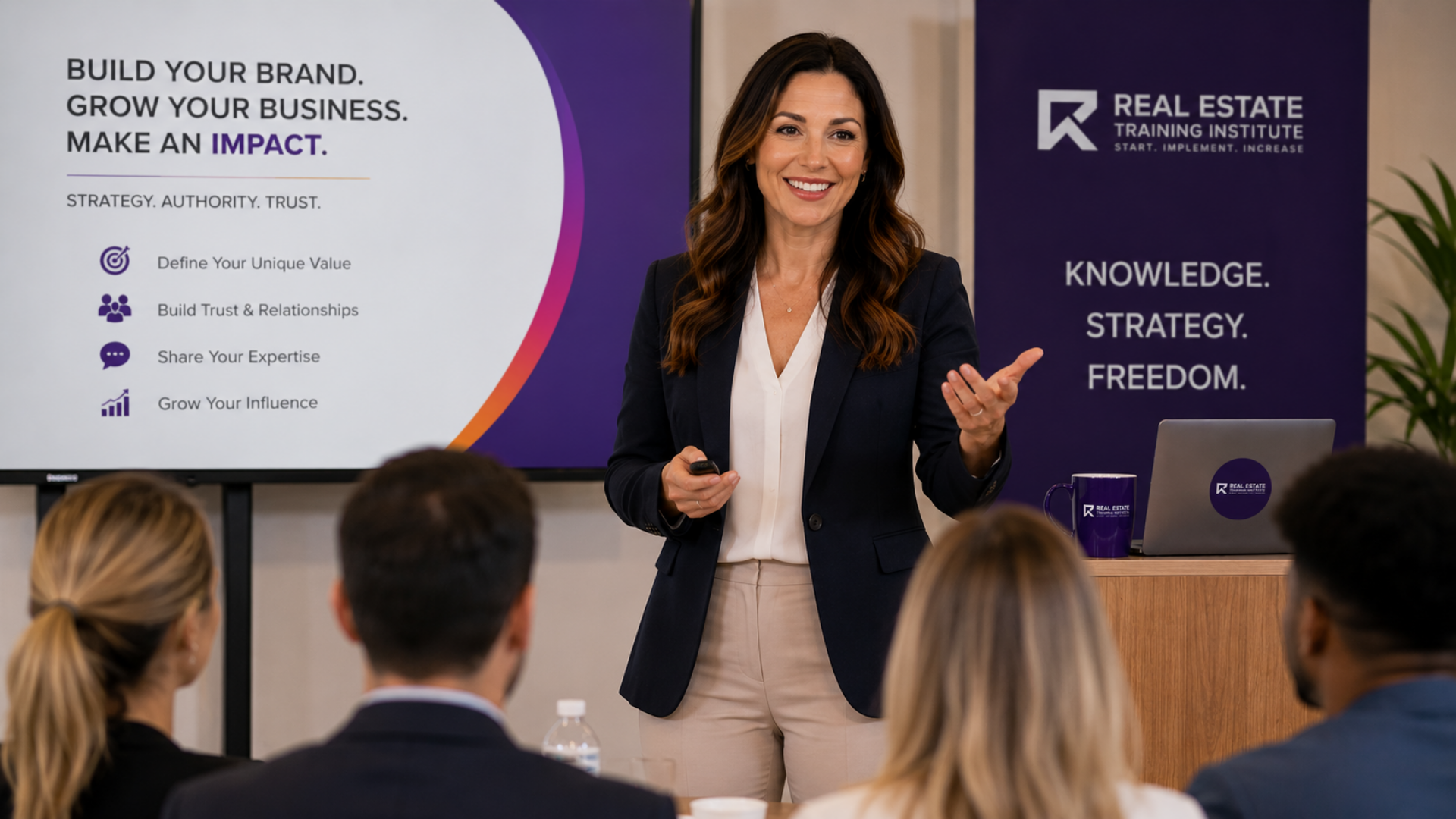 Business coach delivering a personal branding presentation to entrepreneurs, focusing on authority, trust, visibility and long-term business growth.
