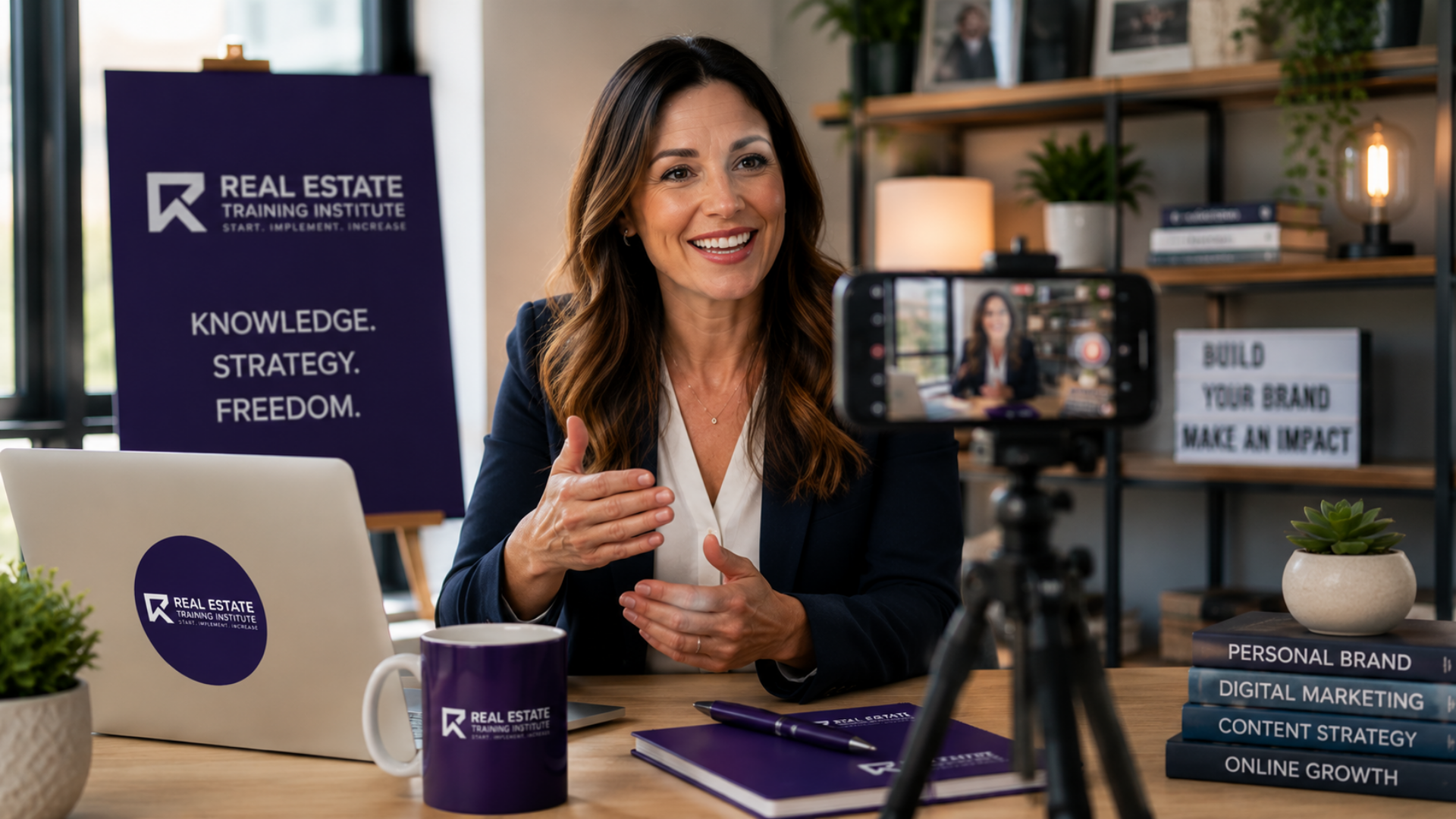 Entrepreneur recording a professional video on a smartphone to build a personal brand, establish authority and attract clients through online content marketing.