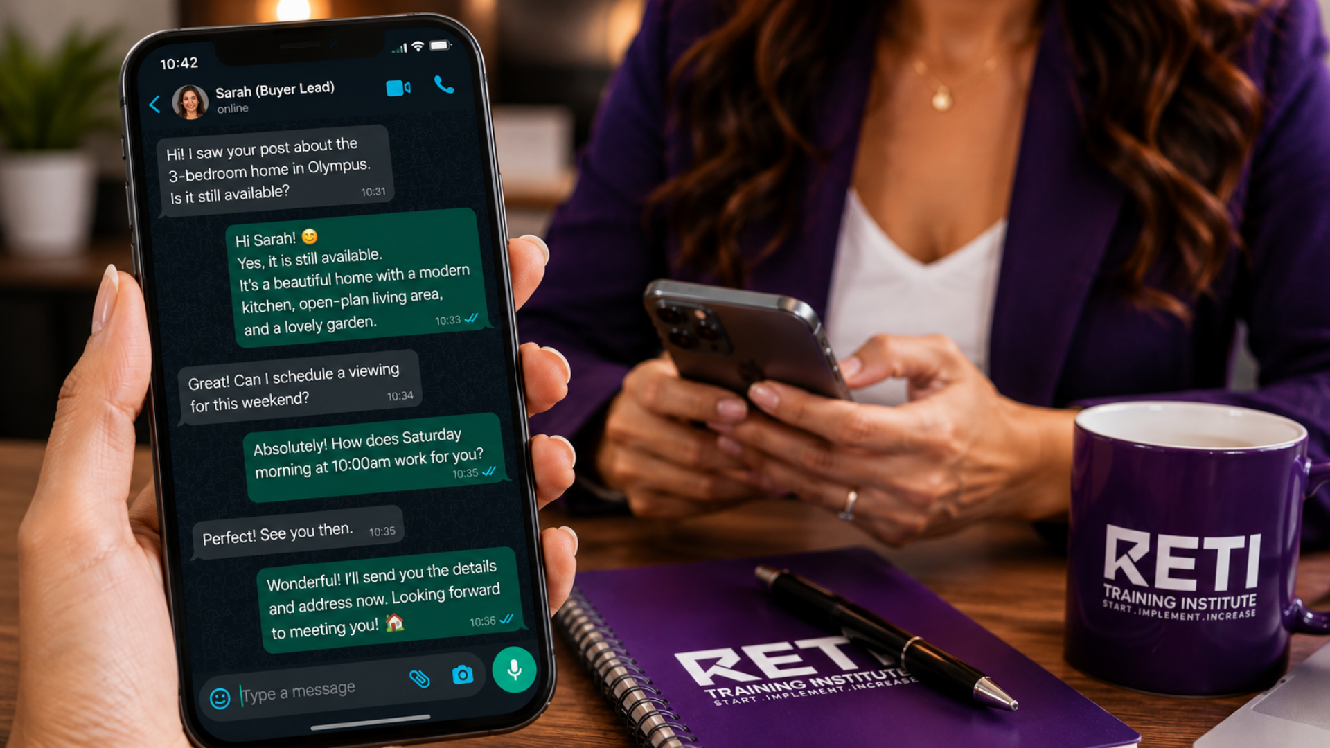 Real estate agent communicating efficiently with clients through WhatsApp Business. Real estate agent communicating efficiently with clients through WhatsApp Business.