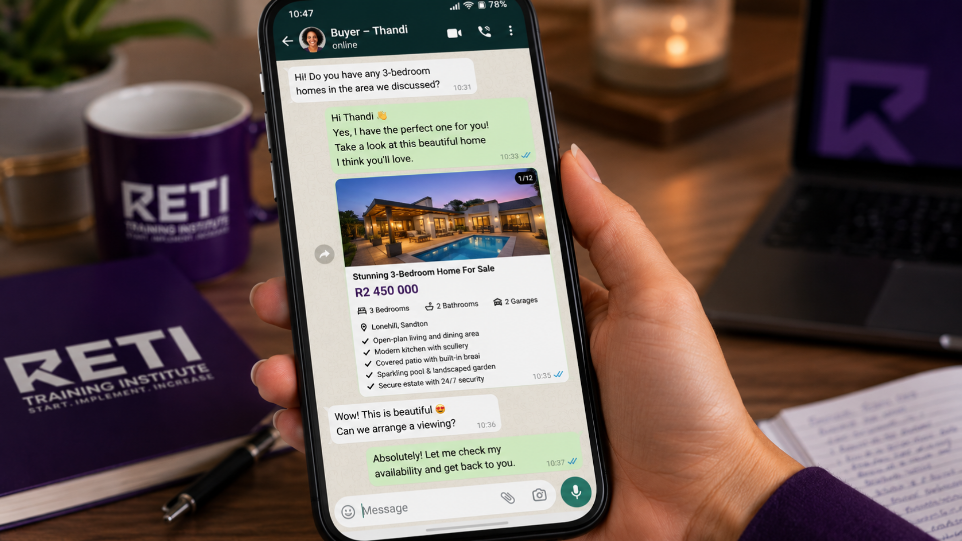 Real estate agent sharing a relevant property listing with a buyer on WhatsApp. Real estate agent sharing a relevant property listing with a buyer on WhatsApp.