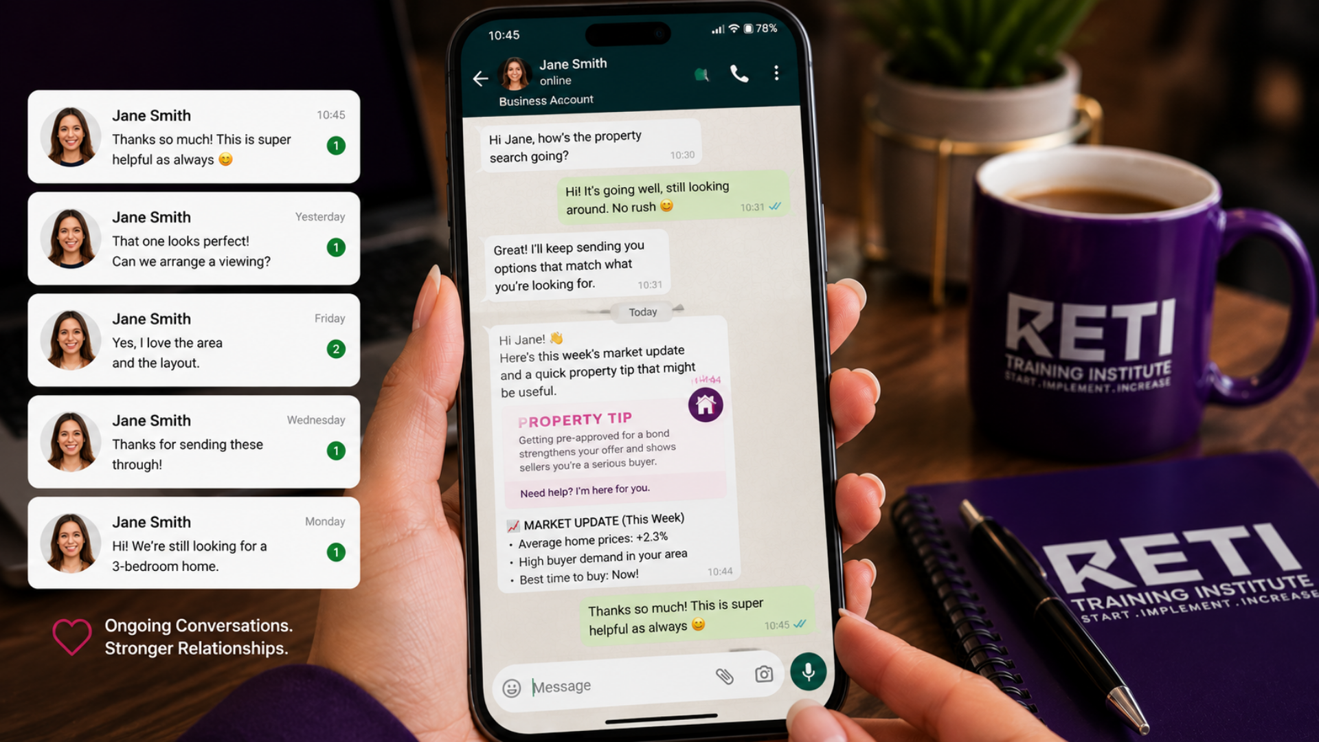 Real estate agent nurturing client relationships through consistent WhatsApp communication. Real estate agent nurturing client relationships through consistent WhatsApp communication.