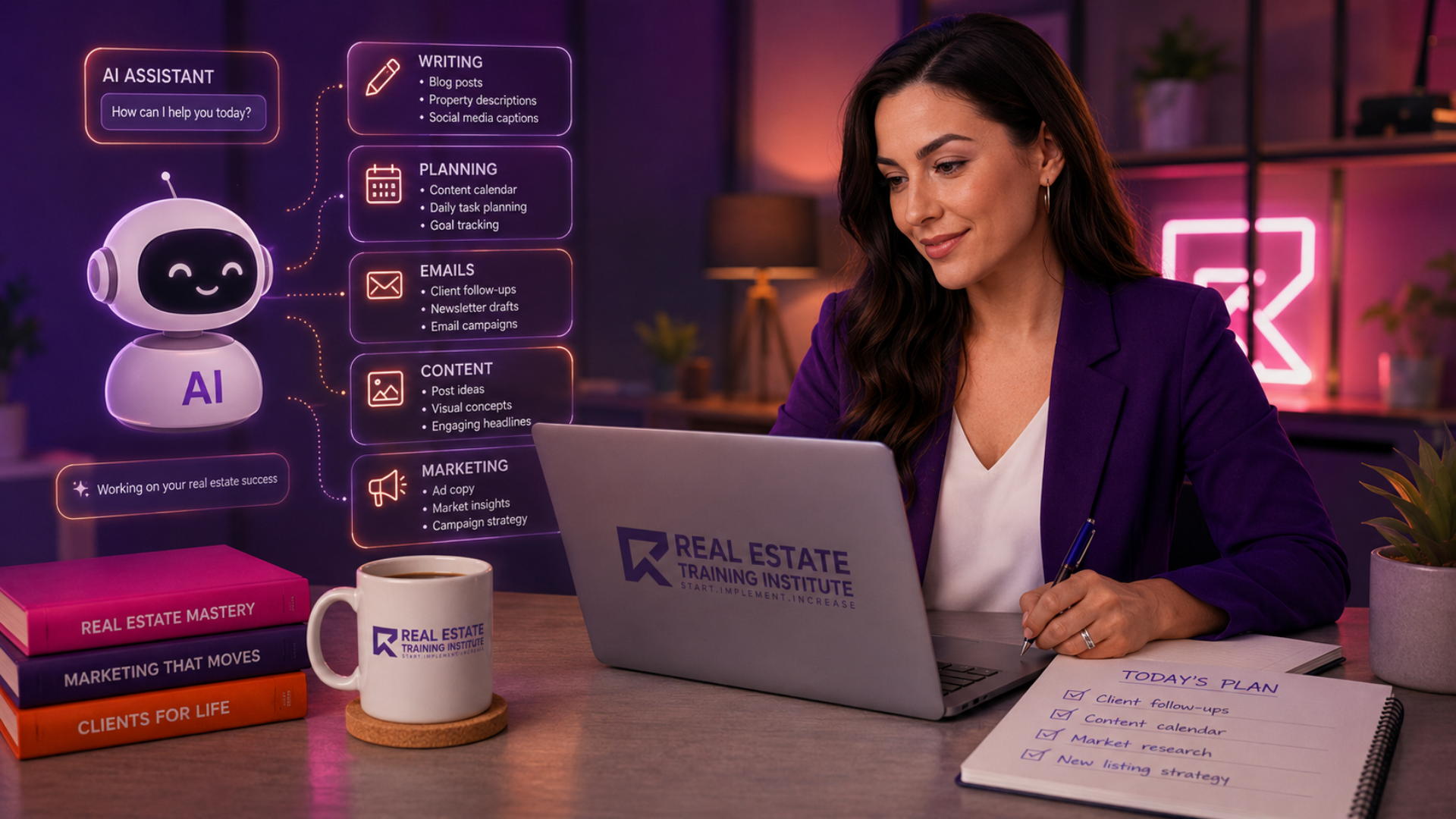 A split-screen concept. On the left, an overwhelmed agent surrounded by paperwork and a clock. On the right, the same agent working efficiently with a laptop and AI tools. A split-screen concept. On the left, an overwhelmed agent surrounded by paperwork and a clock. On the right, the same agent working efficiently with a laptop and AI tools.