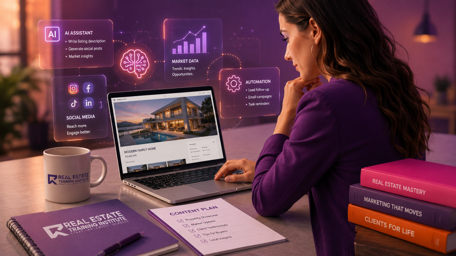 Real estate agent using an AI digital assistant to save time on content, marketing and business tasks. Real estate agent using an AI digital assistant to save time on content, marketing and business tasks.