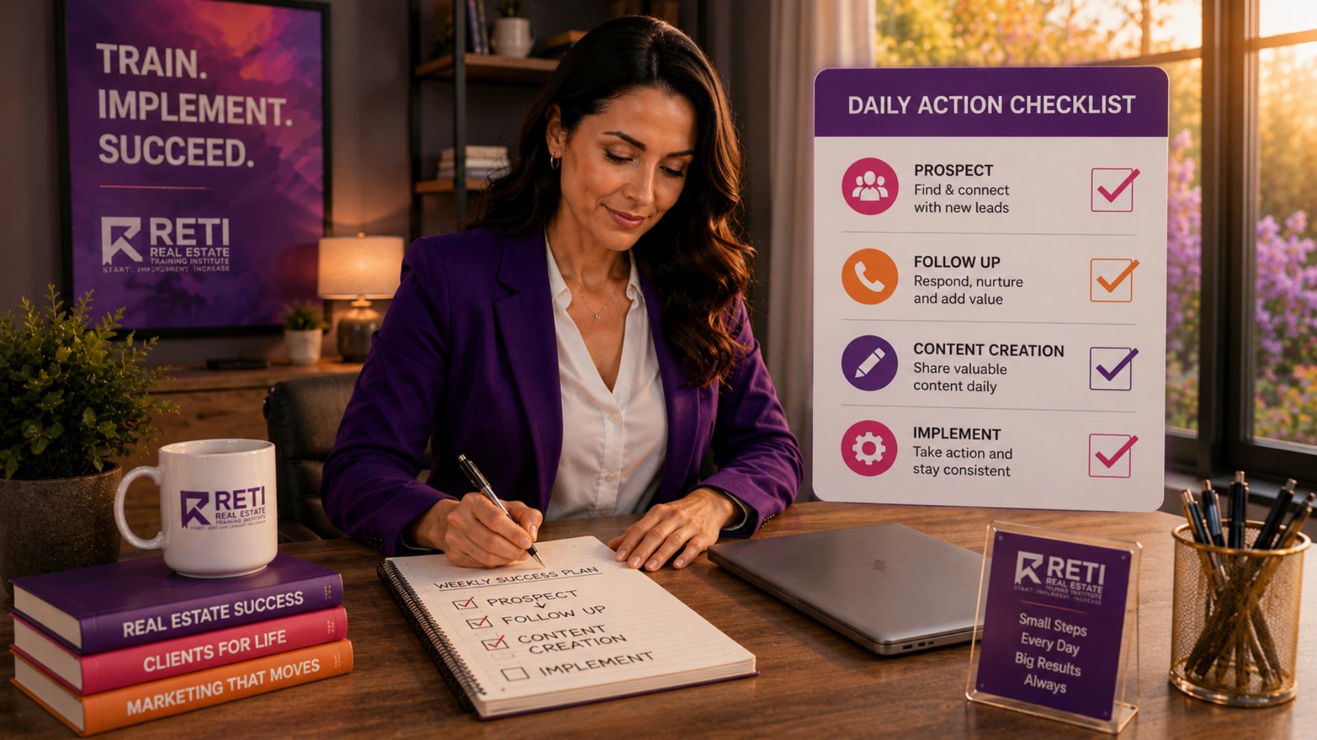 Real estate agent completing consistent daily actions to build business momentum Real estate agent completing consistent daily actions to build business momentum