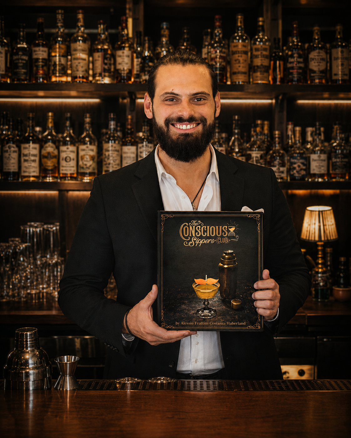 Alessio Portrait holding The Conscious Sippers Club book