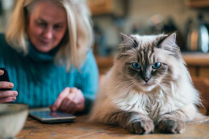 Ragdoll cat with breeder on ph