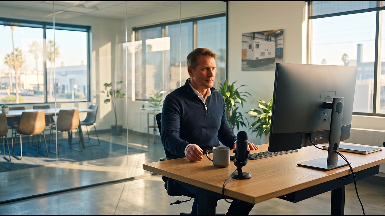Still from the Nexi overnight summary video: an equipment dealer owner at his computer in the morning