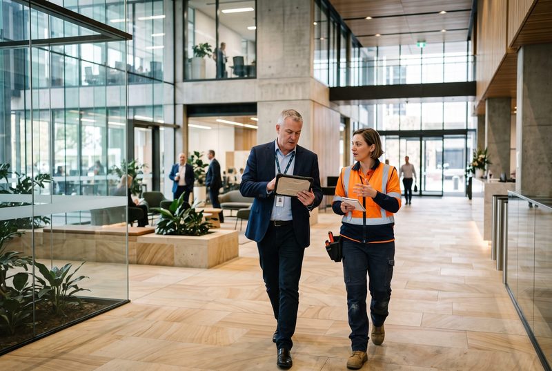 Building manager with a tablet walking through a commercial building lobby