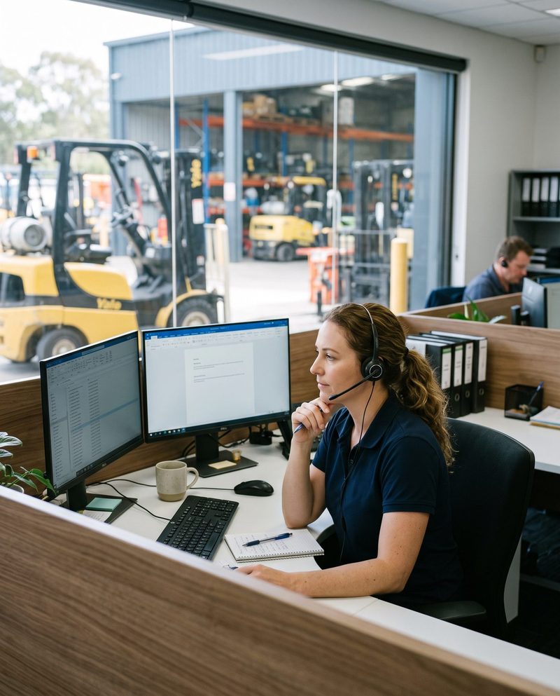 Office manager at an equipment dealership reading a customer message, forklifts in the warehouse behind her