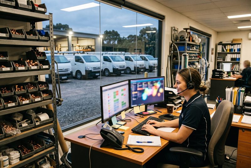 Plumbing company dispatcher with a headset at her desk, service vans parked outside
