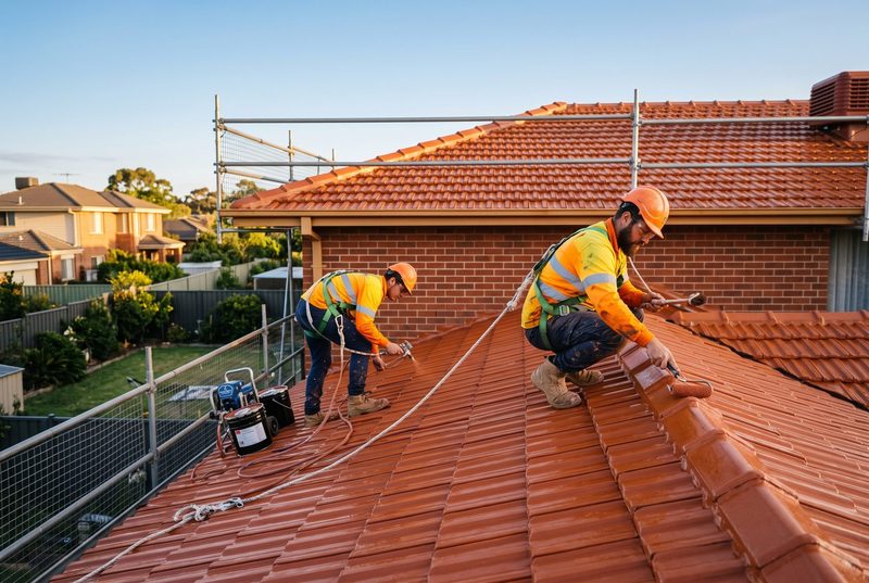 Roof restoration crew working on a terracotta tile roof