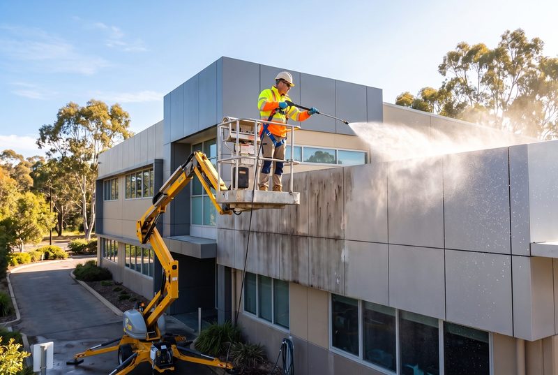 Exterior cleaning technician on a boom lift soft-washing a commercial facade