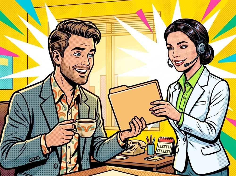 Comic panel: an office manager gets the morning summary from Nexi