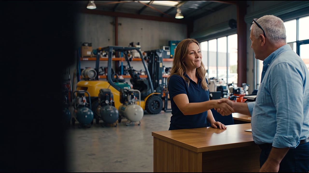 Still from the Nexi equipment video: a branch office manager shaking hands with a customer at the counter