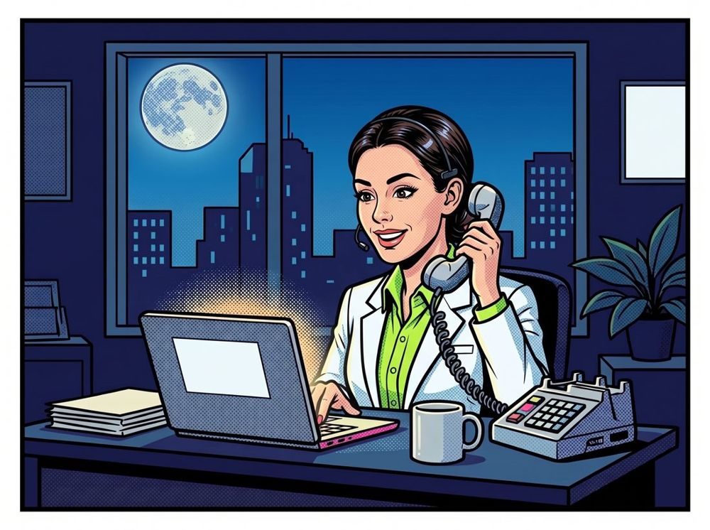 Comic panel: Nexi, the AI agent, working the night shift at the front counter