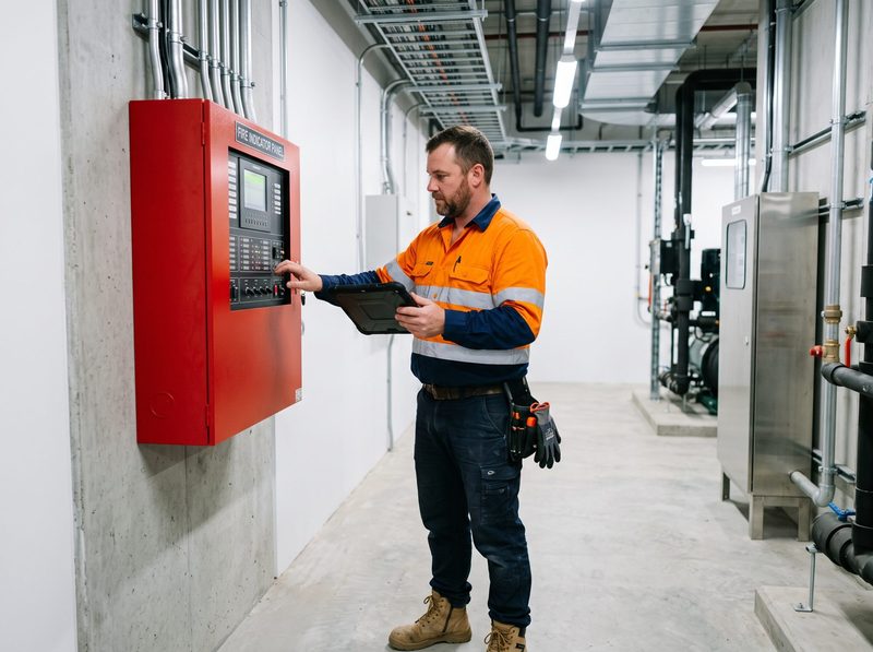 Fire protection technician inspecting a fire indicator panel