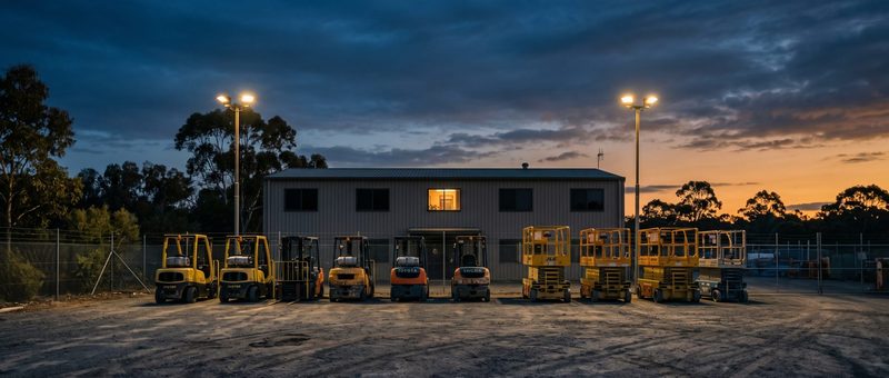 Equipment yard at dusk with forklifts parked under floodlights