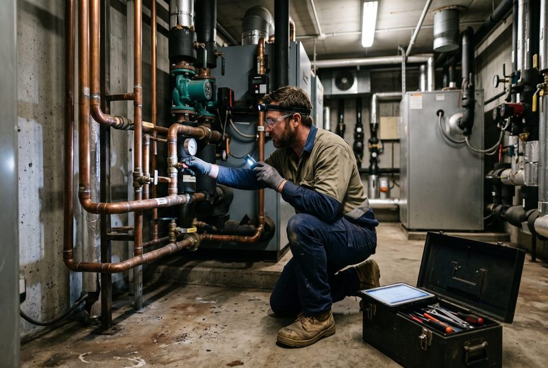 Commercial plumber inspecting copper pipework in a building plant room