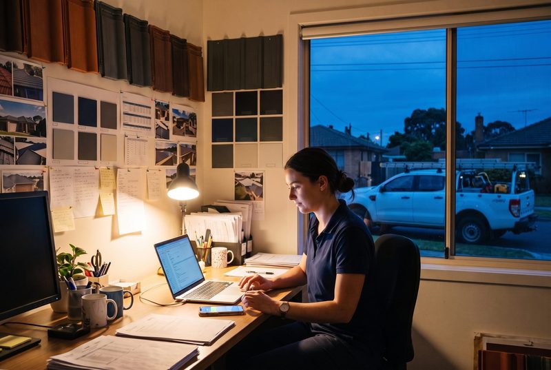 Roofing company office manager at dusk with a new message arriving on her phone