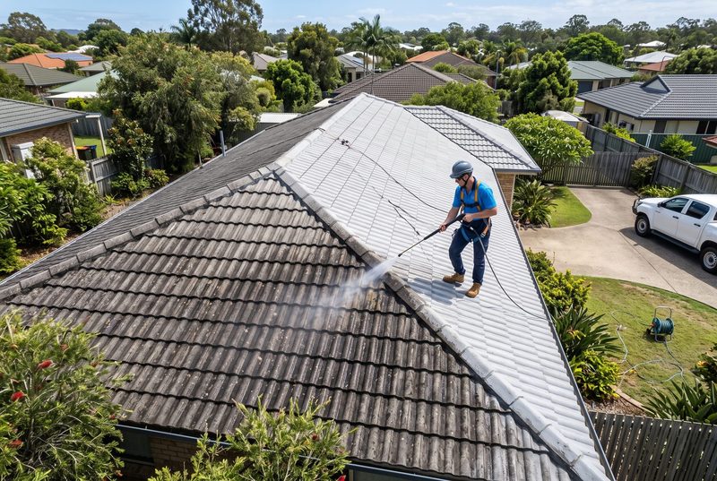 Drone view of a suburban tile roof half cleaned by soft washing