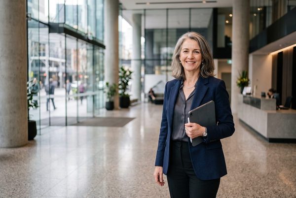 General manager of a commercial services company in a building lobby