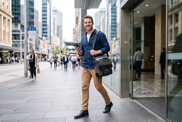 Business development manager leaving a city office tower