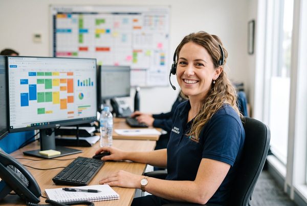 Office manager at the dispatch office with a headset