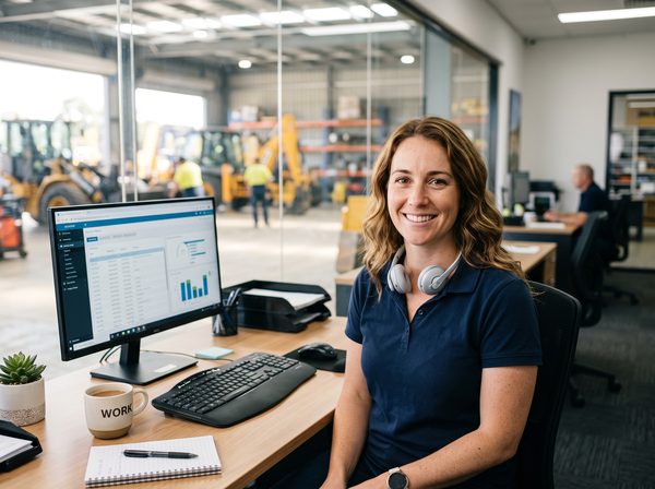 Office manager at her computer with a headset