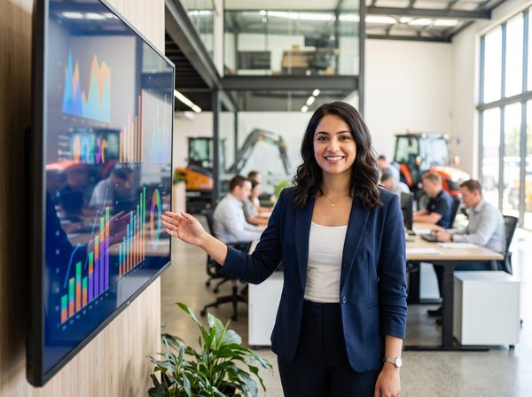Marketing manager beside a screen of charts