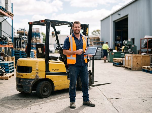 Field salesperson with a tablet beside a forklift