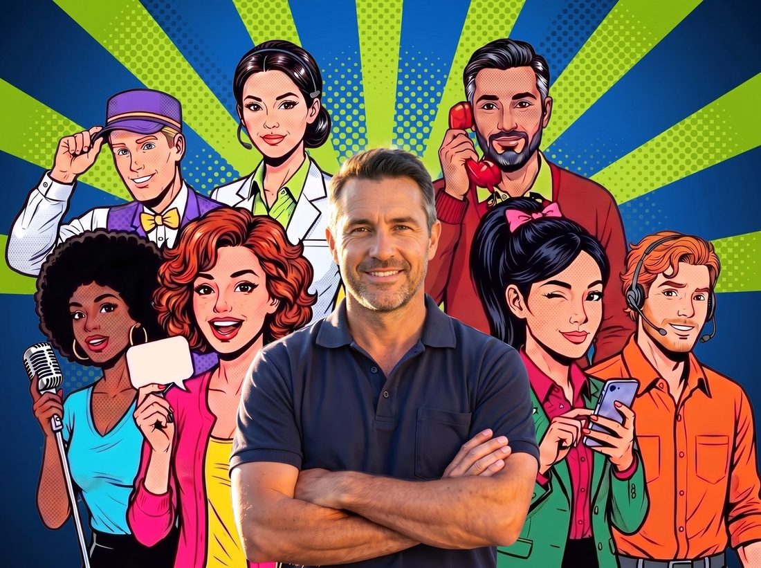 A real business owner with arms crossed, backed by his crew of seven illustrated AI agents, each marked with the way of getting in touch they look after