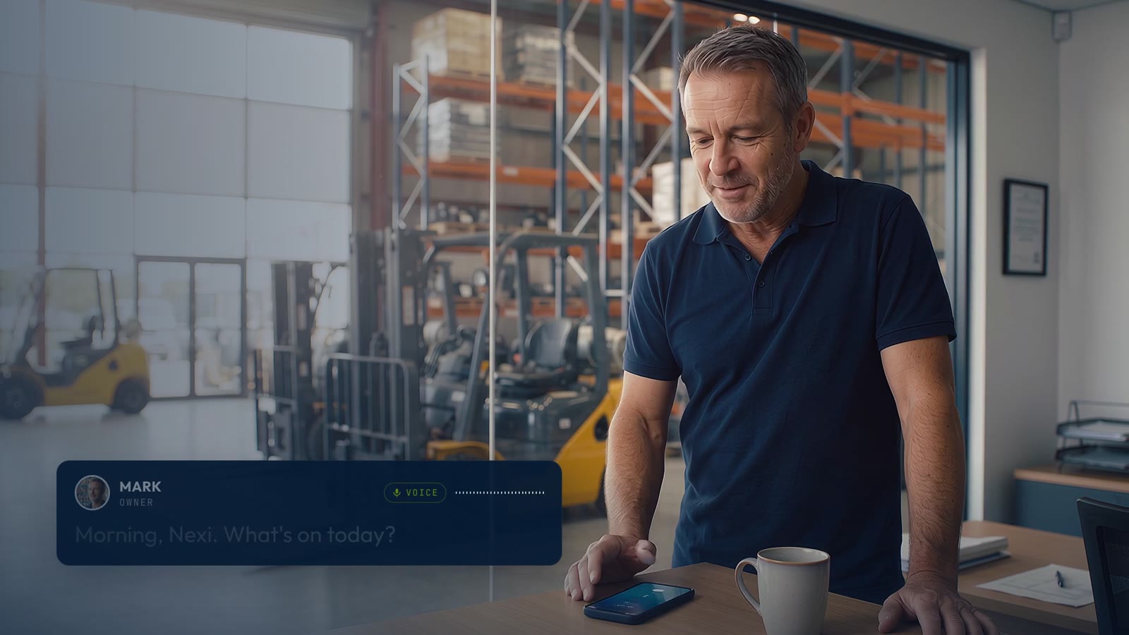 Still from the Nexi video: a forklift business owner talking to Nexi on his phone