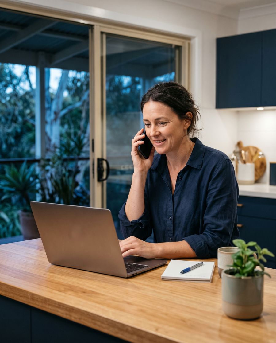 A business owner on the phone while looking at a company's website on her laptop