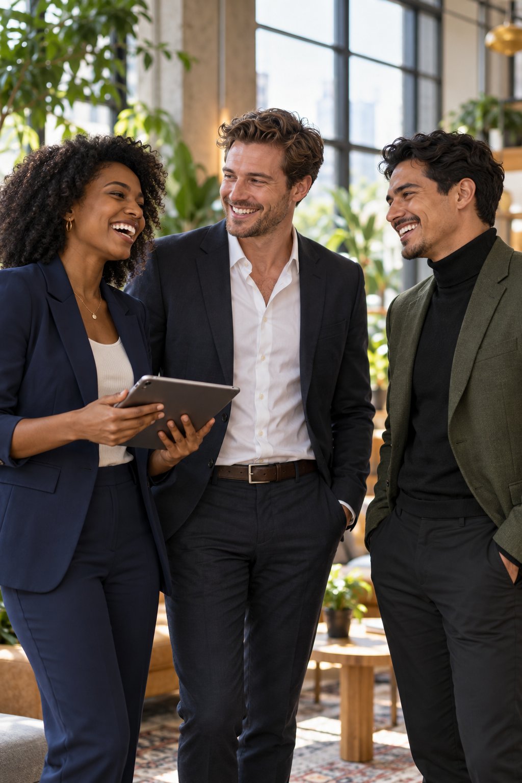 Three professionals talking in a modern office