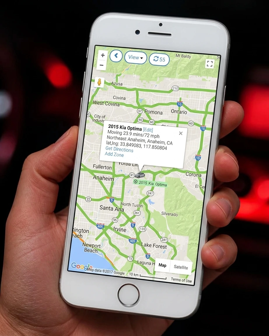 GPS BOSS mobile app dashboard showing real-time vehicle GPS tracking, speed and alerts
